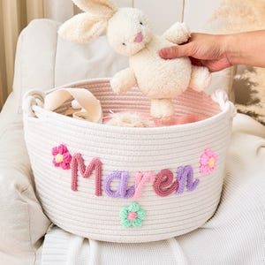Coloured Rope Name Storage Basket - Cotton Knitted Nursery Basket, Newborn Baby Girl Gift, Baby Shower Basket, Toy Organizer, Baby Name Gift