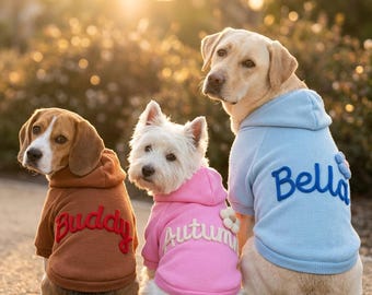 Può includere: Tre cani indossano felpe con cappuccio. Un beagle indossa una felpa marrone con il nome Buddy in rosso. Un terrier bianco indossa una felpa rosa con il nome Autumn in bianco. Un labrador giallo indossa una felpa azzurra con il nome Bella in blu.