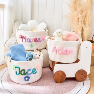 Personalised Baby Gift Basket -Coloured Rope Handmade Crochet Names, Baby Toy Storage Basket, Welcome Baby Shower Gift Basket, Newborn Gift