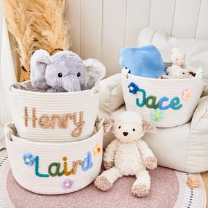 Personalized Newborn Basket - Custom Baby Name Rope Basket, Monogrammed Knit Nursery Basket, Baby Shower Gift, Infant Keepsake Storage