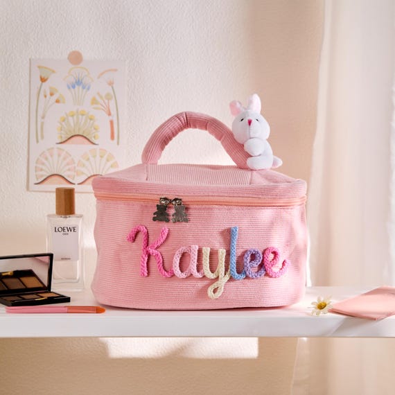 Adorable Personalized Makeup Bag for Teen Girls - Custom Name Embroidered Cotton Pouch with Bunny, Cute Surprise Gift, Gift for her