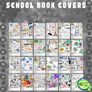 May include: A set of 24 printable A4 book covers for school subjects. The covers feature colorful, doodle-style illustrations and text related to each subject, such as languages, math, science, history, and more.