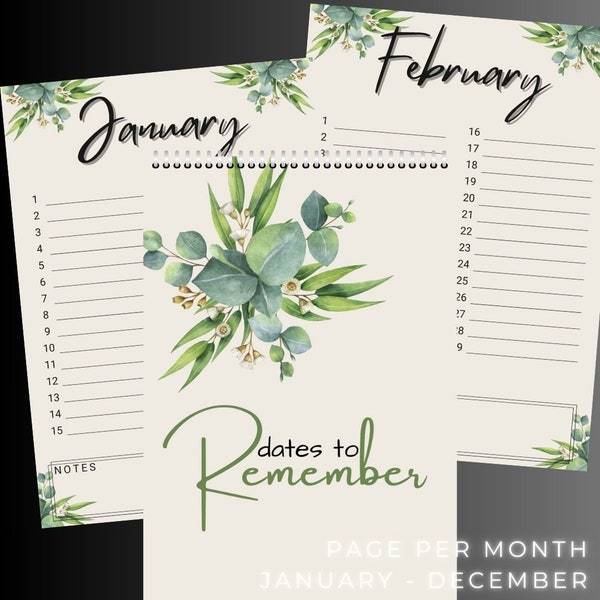 Printable BIRTHDAY CALENDAR - Dates to Remember Calendar - Page per month -