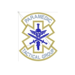 May include: A blue and gold embroidered patch with the words "PARAMEDIC TACTICAL GROUP" in a circle. The patch is 7.25 cm wide and 9.05 cm high.