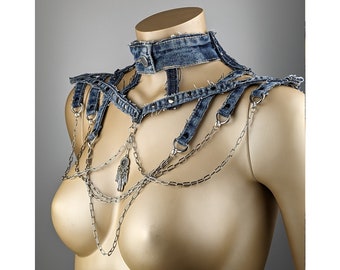 Jeans collar No. 39 - blue second-hand jeans with silver rivets, chains and carabiners - size S