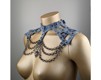 Jeans collar no. 41 - light blue second hand jeans with black rivets, chains and jewelry pendant - size S