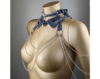 Collar No. 40 blue second hand jeans - silver rivets and fine back chains - size S - L