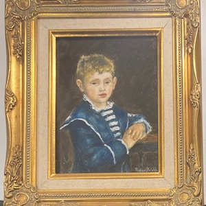 May include: An oil painting of a young child in a blue sailor suit with white stripes, framed in an ornate gold frame. The child has blonde hair and is leaning on a table. The painting is signed in the bottom right corner.
