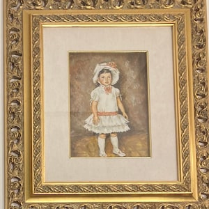 May include: A framed painting of a young girl wearing a white dress and a pink hat. The girl is standing in a room with a brown background.