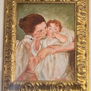 May include: A framed oil painting of a mother and child. The mother is wearing a white dress and has her arm around the child. The child is wearing a white dress and has their thumb in their mouth. The painting is signed "Rostand Malle" in the bottom right corner.