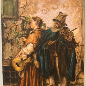 May include: A painting of a man and a woman playing music. The man is wearing a hat and playing a violin. The woman is holding a guitar. The painting is set in a rustic outdoor setting.