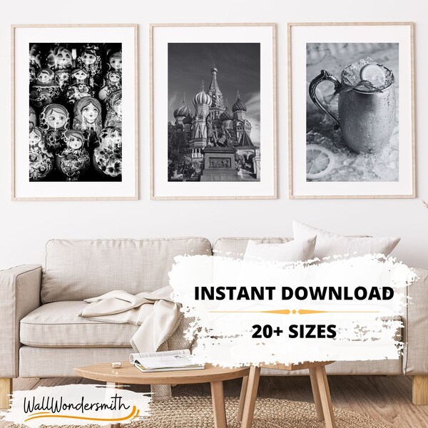 Set of 3 Printable Black and White Moscow Photos: Saint Basil's Cathedral, Matryoshka, Moscow Mule Cocktail - Instant Download