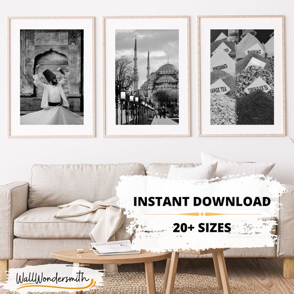 Set of 3 Printable Black and White Istanbul Photos: Traditional Dancer, Blue Mosque, Tea Bazaar - Instant Download