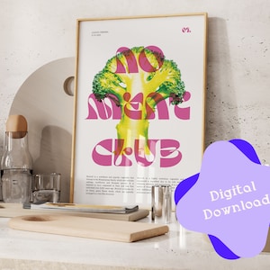 Könnte beinhalten: Ein digitaler Download-Poster mit weißem Hintergrund und einer pinkfarbenen und grünen Grafik eines Brokkolis mit dem Text "No Meat Club" in Pink.