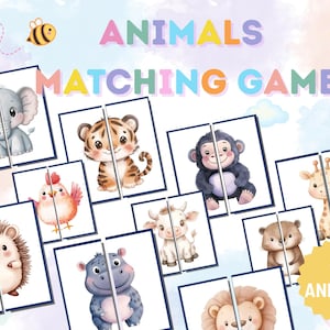 May include: A colorful children's matching game featuring watercolor illustrations of various animals. The game includes 42 animals and the text "ANIMALS MATCHING GAME". A yellow bee is in the upper left corner.