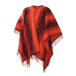 May include: A vibrant orange and red poncho featuring a dark brown geometric pattern throughout the fabric. The garment has a V-neckline and is finished with long, matching fringe along the bottom hem, creating a textured and layered appearance.