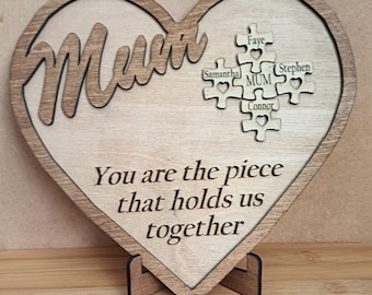 Personalized Wooden Jigsaw Plaque, Engraved Family Names, Gift for Mum