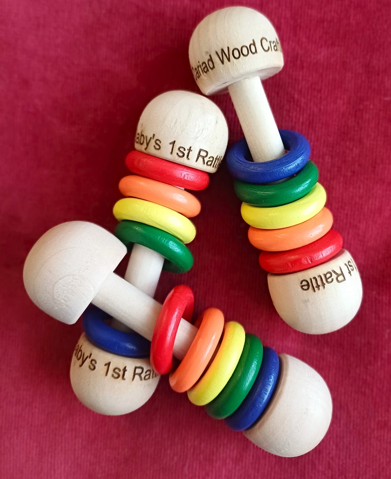 Personalised Wooden Baby Rattle, Wooden Baby Rattle, Colourful Baby