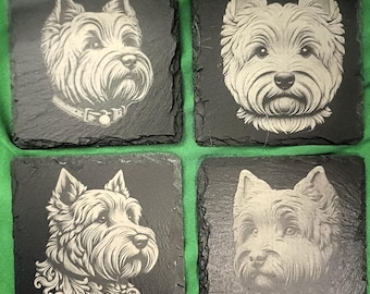 Westie coasters, slate coasters, dog breed, barware, west highland terrier