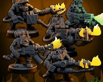 Peut inclure: Plusieurs figurines miniatures d'Orcs armés de lance-flammes. Les figurines sont principalement grises, avec des effets de flammes jaunes et vertes. Chaque figurine est posée sur une base circulaire, suggérant un jeu de société ou un thème de loisirs.