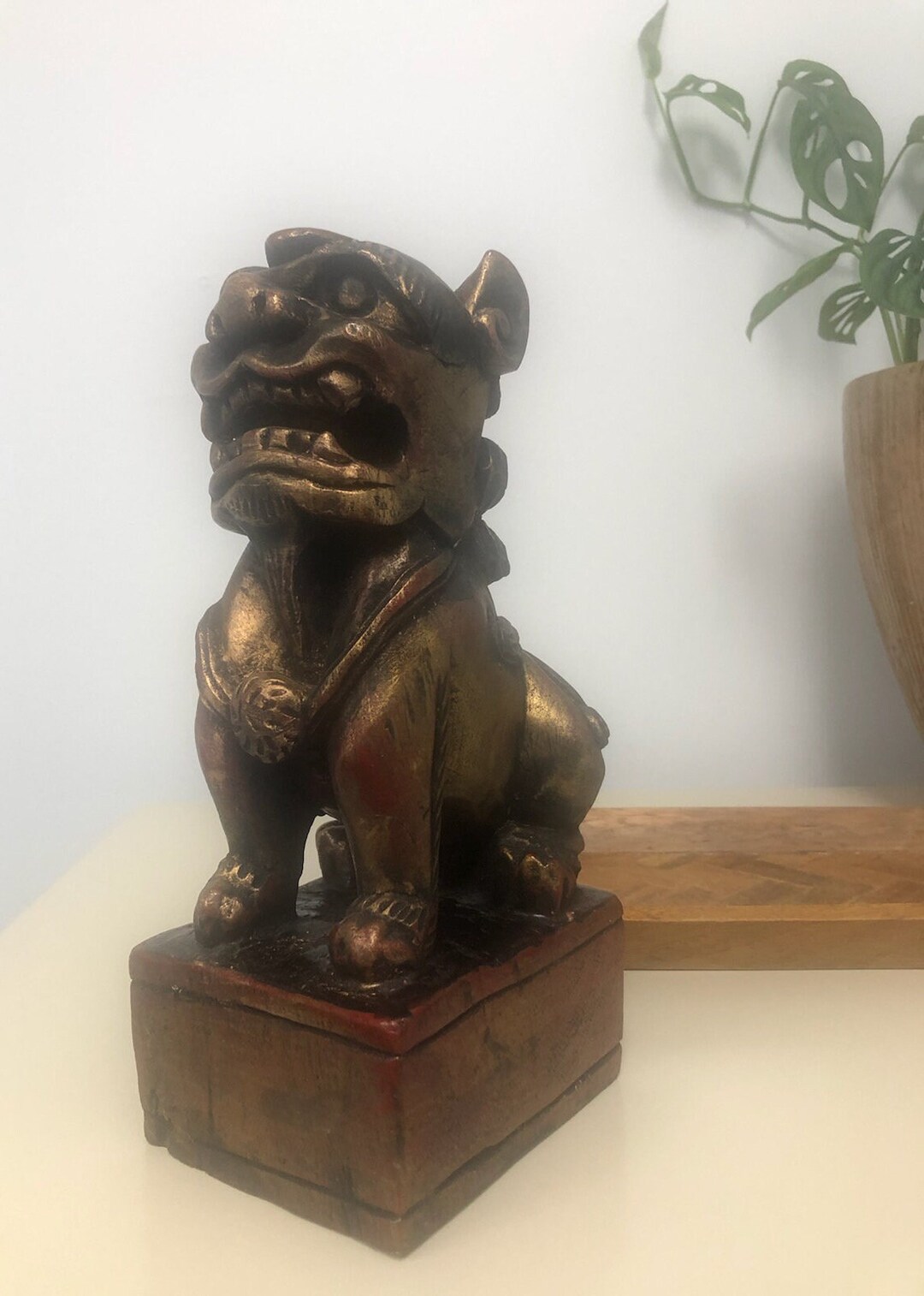 Hand Carved Wooden Foo Dog Figurine/guard Dog of Protection Etsy