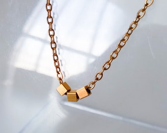 Minimalist gold stainless steel chain necklace with 3 cubes, affordable jewellery