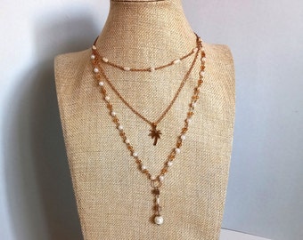 Handmade, Personalized, multi chain strand and faux pearl beaded necklace