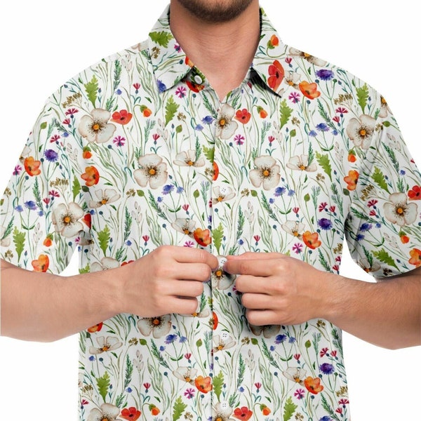 Whimsical Watercolor Wildflowers Button Up Shirt, Cottagecore Fashion, Pressed Flower Shirt, Grandmas Garden, Botanical Shirt, Nature Lover