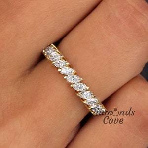 Marquise Wedding Band Moissanite Band Marquise Half Eternity Band Dainty Matching Band Shared Prong Wedding Bands Stackable Diamond Ring