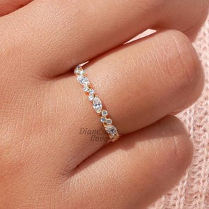 Half eternity Moissanite wedding band Unique 14K gold wedding band Vintage Delicate Marquise wedding band Bridal Matching Stackable band