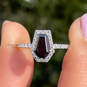 1.50 CT Coffin Cut Black Moissanite Ring Halo Engagement Ring Unique Wedding Ring Black Coffin Ring For Anniversary Gift 14K White Gold Ring