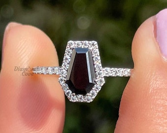 1.50 CT Coffin Cut Black Moissanite Ring Halo Engagement Ring Unique Wedding Ring Black Coffin Ring For Anniversary Gift 14K White Gold Ring