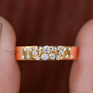 14k Solid Gold Natural Diamond Cluster Wedding Band Thick Anniversary Band Unique Promise Ring for Women Created Diamond Wedding Band Women