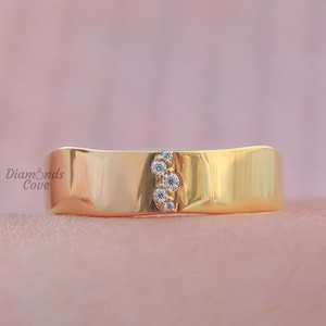 14k Solid Gold Wavy Wedding Band Gold Line Pave Ring Tiny Diamond Cluster Band Thick Band Gold Ring His - Her Wedding Band Wide Gold Band