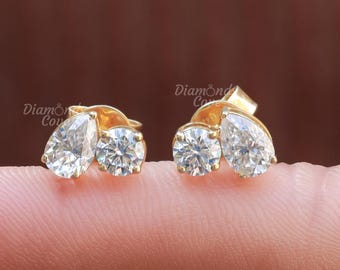14k Solid Gold Pear- Round Moissanite Stud Earring Helix Conch Tragus Stud Screw Back Stud Round & Pear Toi Et Moi Stud Earring Gift For Her