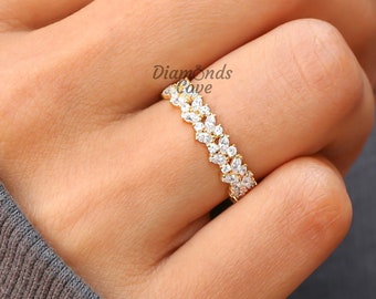Anillo de bodas de diamantes marquesa, anillo de diamantes de laboratorio redondos y marquesa, anillo de oro macizo de 14 quilates, anillo Art Déco, anillo de eternidad, anillo apilable a juego.
