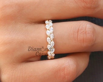 Full Eternity Diamond Band Marquise Wedding Band Vintage 14K Gold Marquise Ring Unique Women Band Marquise Diamond Ring Anniversary Ring