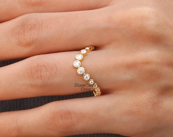 Curved Wedding Band Lab Grown Diamond Band Full Eternity Band 14K Gold Stacking Ring Bezel Set Bubble Ring Minimalist Band Anniversary Ring