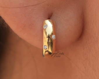 Lab Diamond Huggie Earrings 14K Yellow Gold Hoop Earrings Flush Set Diamond Huggie Earrings Lab Grown Diamond Hoops Dangle Earrings