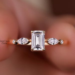 Emerald Cut Moissanite Engagement Ring Marquise & Round Unique Accent Stone Anniversary Ring 14K Yellow Gold Art Deco Beautiful Promise Ring