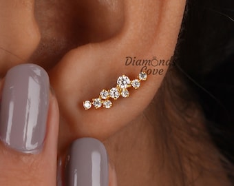 Single (Half Pair) Earring Cluster Helix Piercing Flat Back Earrings 14K Gold Lab Diamond Cluster Earring Dainty Crawler Earring