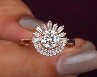Starburst Engagement Ring Vintage Style Lab Grown Diamond Ring Baguette Ring Unique Halo Wedding Lab Diamond Ring Art Deco Diamond Ring