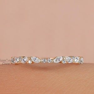 Marquise And Round Moissanite Notched Wedding Band Matching Stackable Half Eternity Wedding Anniversary Band 10K/14K White Gold Gift For Her