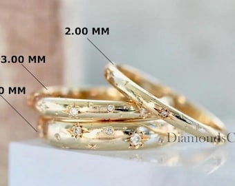 Vintage Starburst Wedding Band For Her, 14k Gold Diamond Band Gift, His - Her Wedding Ring, Alternative Wedding Band, Celestial Wedding Ring