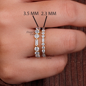 Alternating Baguette and Round Colorless Moissanite Wedding Band Women Full Eternity Band Matching Stackable Band For Anniversary Band
