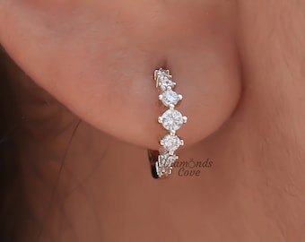 Lab Grown Diamond Huggie Earrings Round Diamond Hoop Earrings 14K Gold Huggie Earrings Lab Diamond Cluster Huggie Earrings Everyday Earrings