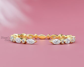 Minimalist Open Gap Wedding Band 0.60CT Marquise and Round Moissanite Engagement Band Full Eternity Band Stackable Matching Band For Women