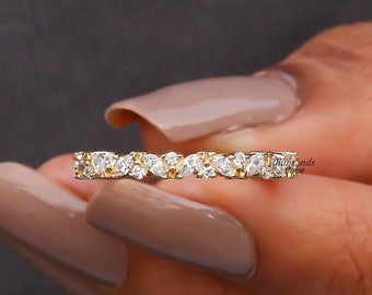 Anillo de bodas con diamantes de laboratorio de talla marquesa, anillo de eternidad de talla marquesa, anillo apilable de oro macizo de 14 quilates, anillo de diamantes redondos y de talla marquesa, anillo minimalista delicado.