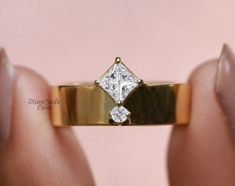 Lab grown Diamond Band 14K Gold Cigar Band Ring Princess Cut Diamond Wedding Ring Lab Diamond Wide Band Stackable Ring Unique Promise Ring