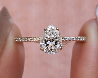 Lab Grown Diamond Ring Pear Cut Diamond Engagement Ring Pear Shaped Diamond Anniversary Ring Unique Diamond Proposal Ring 14K Gold Ring